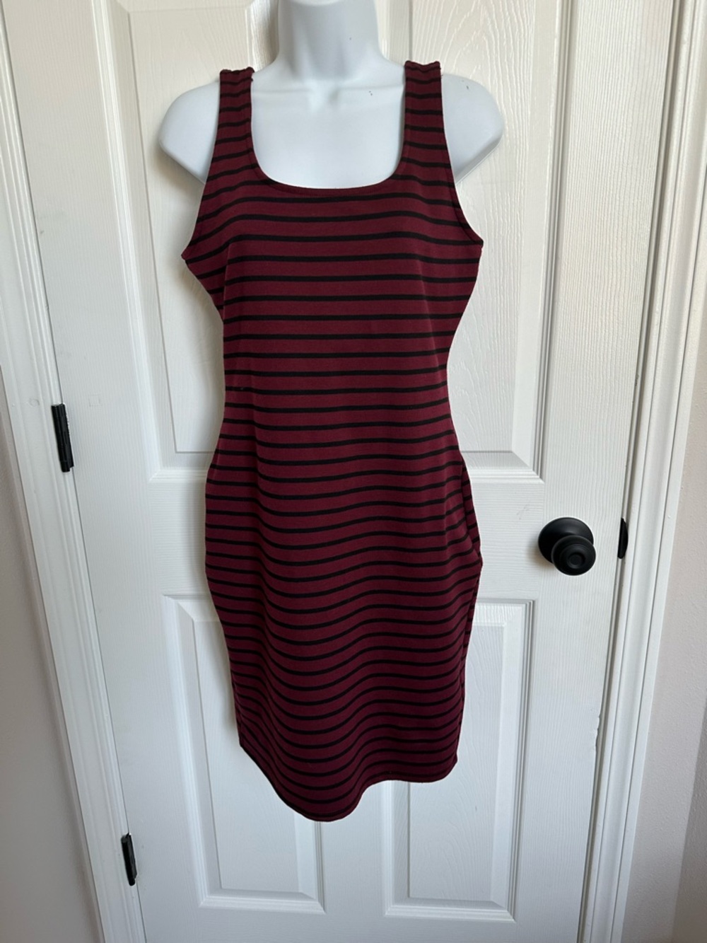 iris Burgundy and Black Striped Sleeveless Midi Dress